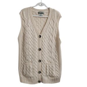 Aran Crafts Cream Cable Knit V-Neck Button Front Sweater Vest